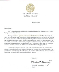 A Letter from Mayor Bloomberg to Creed on the Occasion of the Madison Boutique Opening {Fragrance News} {Perfume History}